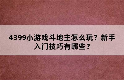 4399小游戏斗地主怎么玩？新手入门技巧有哪些？