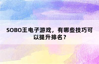 SOBO王电子游戏，有哪些技巧可以提升排名？