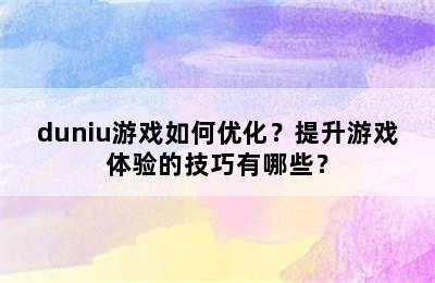 duniu游戏如何优化？提升游戏体验的技巧有哪些？