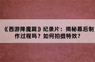 《西游降魔篇》纪录片：揭秘幕后制作过程吗？如何拍摄特效？