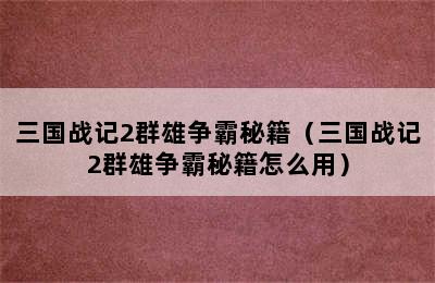 三国战记2群雄争霸秘籍（三国战记2群雄争霸秘籍怎么用）