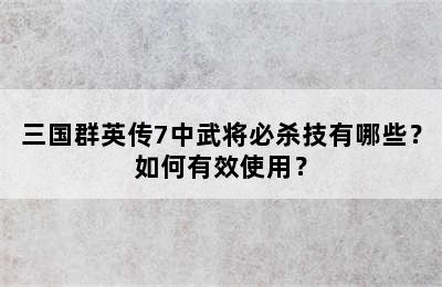 三国群英传7中武将必杀技有哪些？如何有效使用？