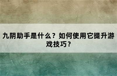 九阴助手是什么？如何使用它提升游戏技巧？