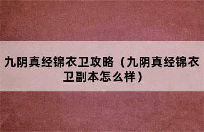 九阴真经锦衣卫攻略（九阴真经锦衣卫副本怎么样）