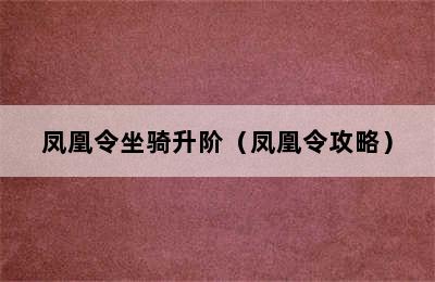 凤凰令坐骑升阶（凤凰令攻略）