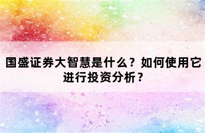 国盛证券大智慧是什么？如何使用它进行投资分析？