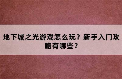 地下城之光游戏怎么玩？新手入门攻略有哪些？