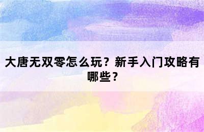 大唐无双零怎么玩？新手入门攻略有哪些？