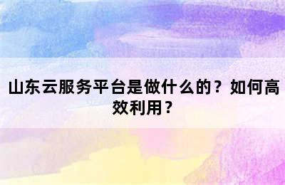 山东云服务平台是做什么的？如何高效利用？