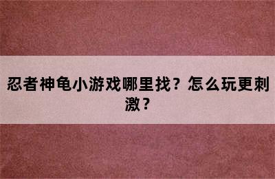 忍者神龟小游戏哪里找？怎么玩更刺激？