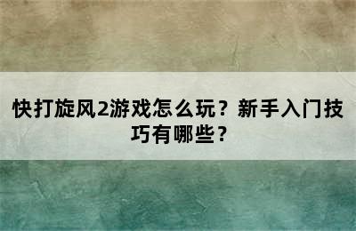 快打旋风2游戏怎么玩？新手入门技巧有哪些？