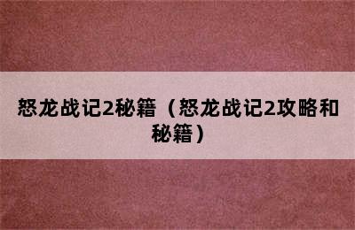 怒龙战记2秘籍（怒龙战记2攻略和秘籍）