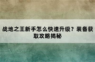 战地之王新手怎么快速升级？装备获取攻略揭秘