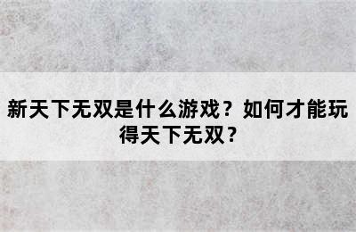 新天下无双是什么游戏？如何才能玩得天下无双？