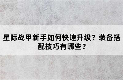 星际战甲新手如何快速升级？装备搭配技巧有哪些？