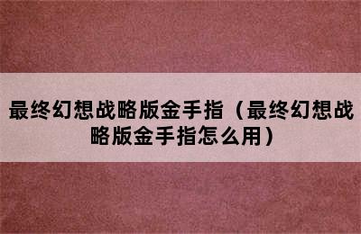 最终幻想战略版金手指（最终幻想战略版金手指怎么用）