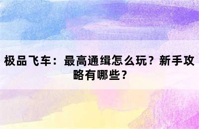 极品飞车：最高通缉怎么玩？新手攻略有哪些？