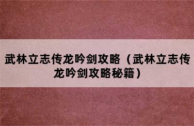 武林立志传龙吟剑攻略（武林立志传龙吟剑攻略秘籍）