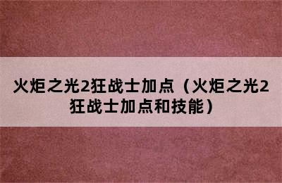 火炬之光2狂战士加点（火炬之光2狂战士加点和技能）