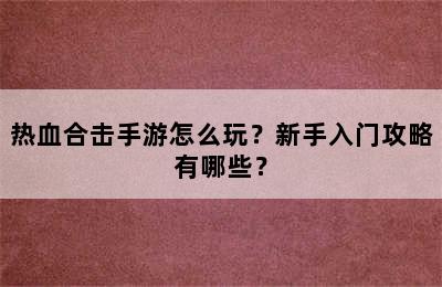 热血合击手游怎么玩？新手入门攻略有哪些？