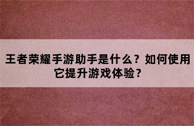 王者荣耀手游助手是什么？如何使用它提升游戏体验？