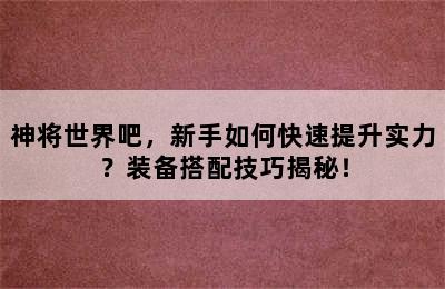 神将世界吧，新手如何快速提升实力？装备搭配技巧揭秘！