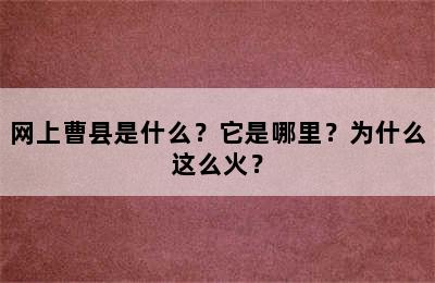 网上曹县是什么？它是哪里？为什么这么火？