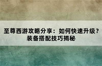至尊西游攻略分享：如何快速升级？装备搭配技巧揭秘