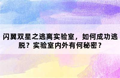 闪翼双星之逃离实验室，如何成功逃脱？实验室内外有何秘密？