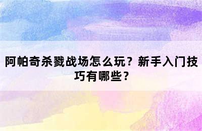 阿帕奇杀戮战场怎么玩？新手入门技巧有哪些？