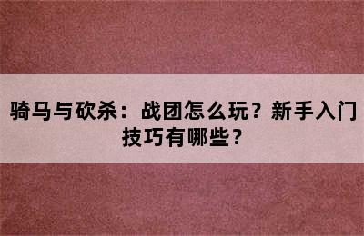 骑马与砍杀：战团怎么玩？新手入门技巧有哪些？